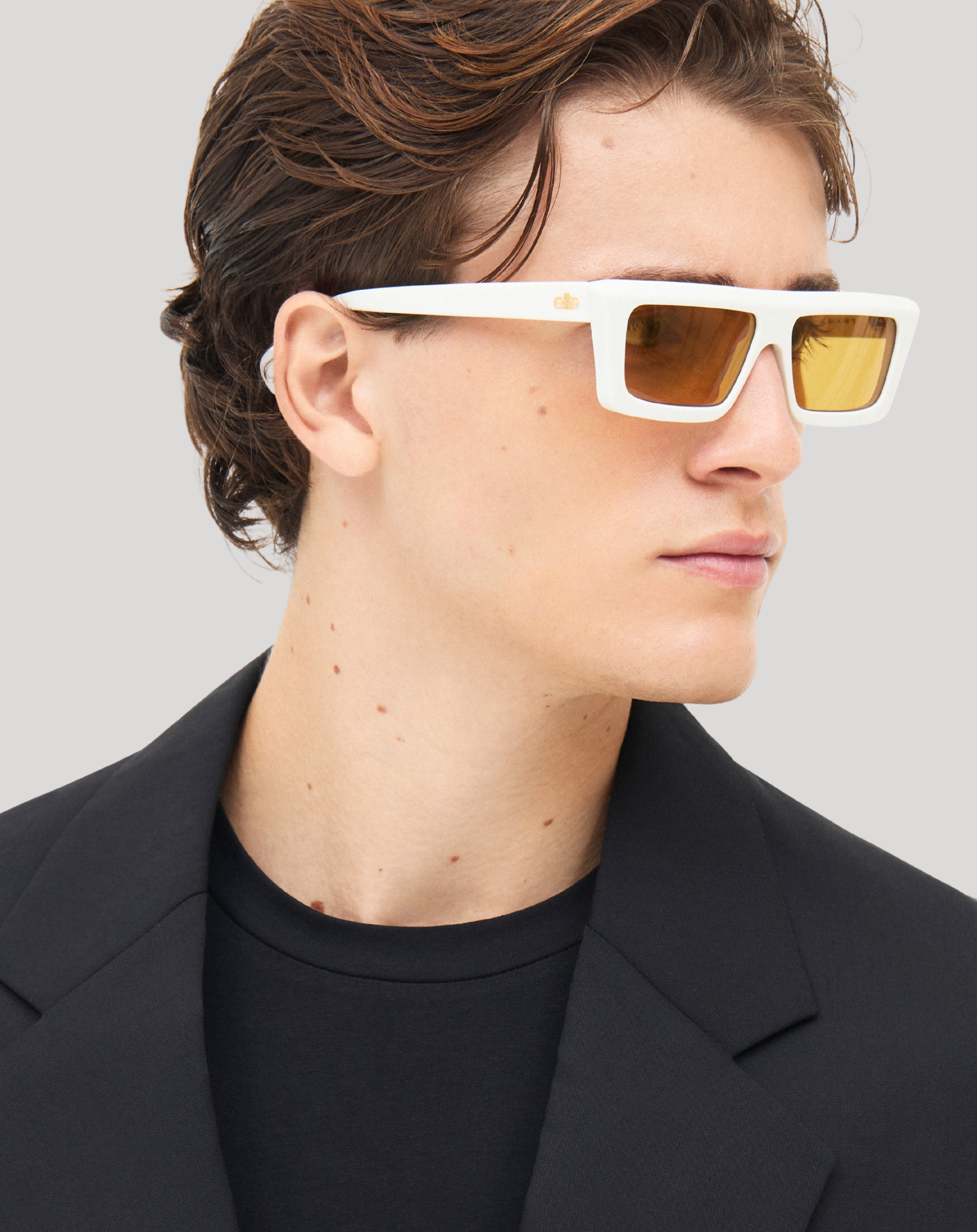 Valentin#Color_Montatura Bianco Lucido con Lente Marrone + Flash Oro