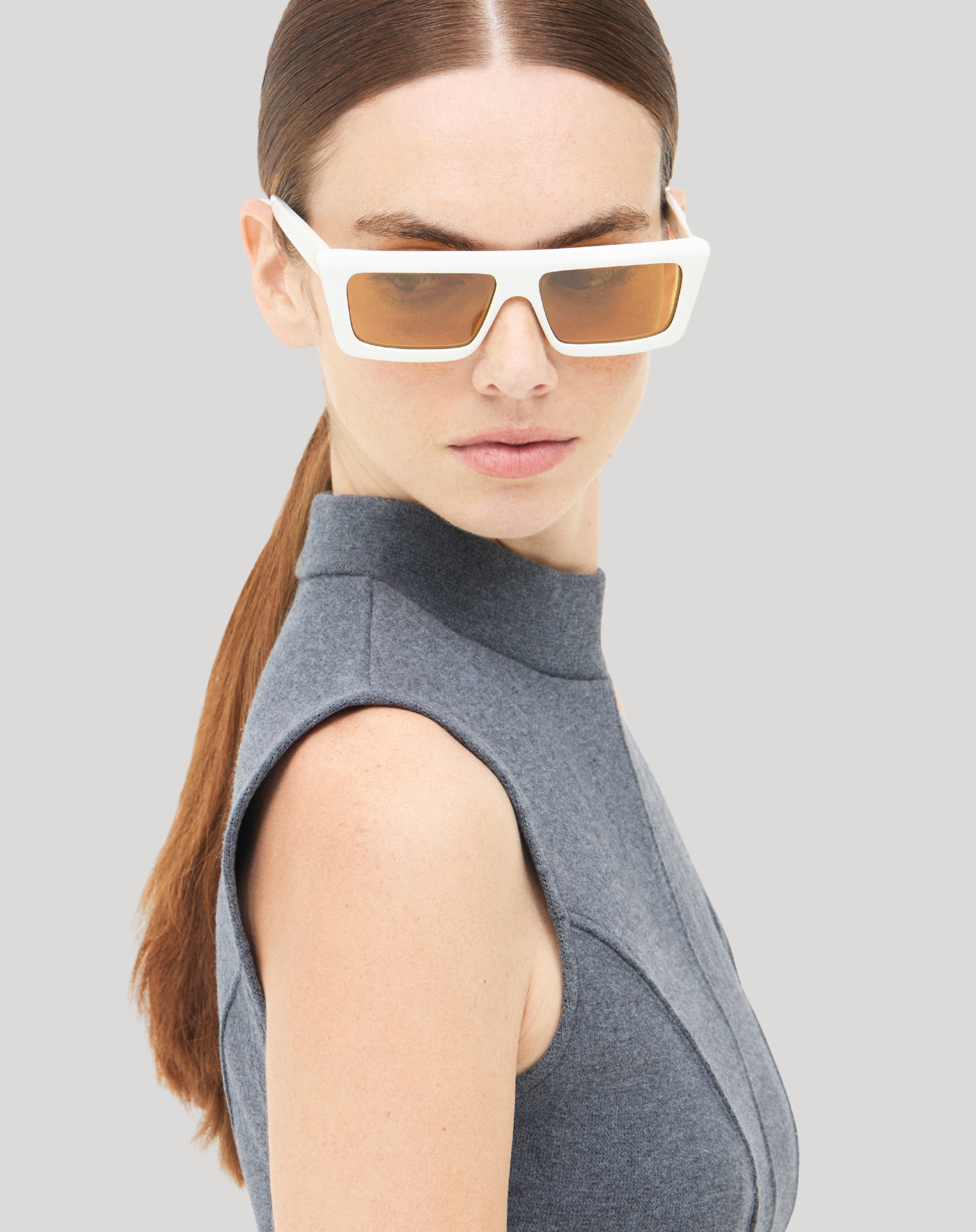 Valentin#Color_Montatura Bianco Lucido con Lente Marrone + Flash Oro